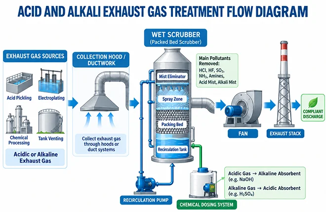 Flow diagram of the acid and alkali exhaust gas treatment process.