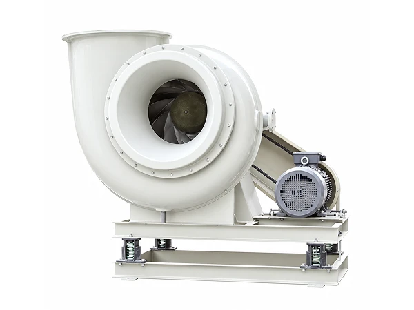 A belt-driven FRP fan installed on a support frame