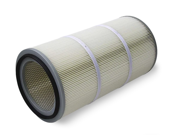 A dust collector filter cartridge placed on a gray background
