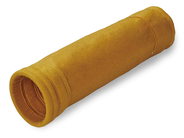 A yellow P84 needle filter bag placed on a gray background