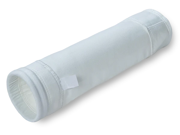 A white polyester needle filter bag placed on a gray background