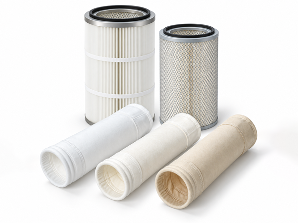 Different dust filter bags and filter cartridges are arranged together.