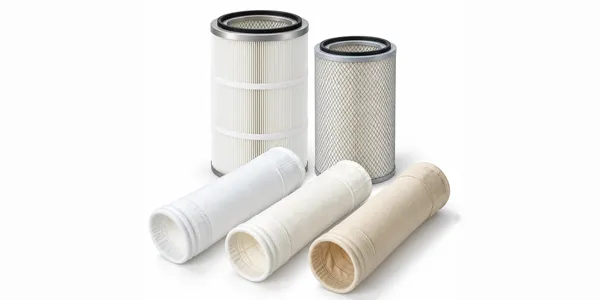 Different dust filter bags and filter cartridges are arranged together.