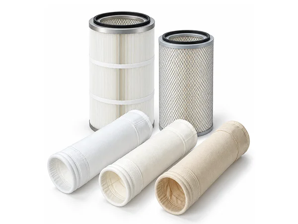 Different dust filter bags and filter cartridges are arranged together.