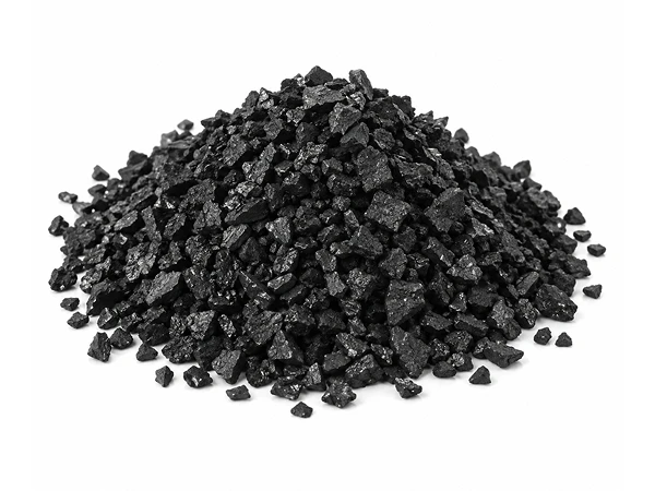 A pile of black granular activated carbon
