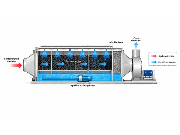 Horizontal wet scrubber operating principle diagram