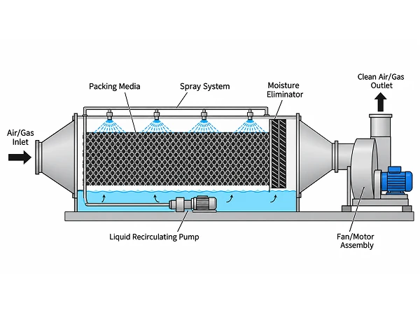 Annotated diagram of horizontal wet scrubber structure