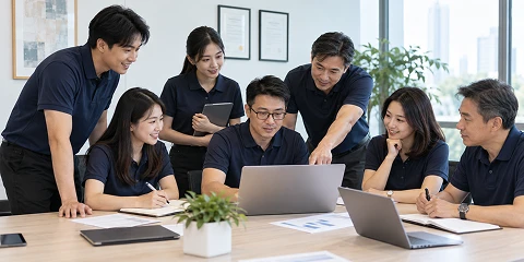 Many employees discussing at their desks.