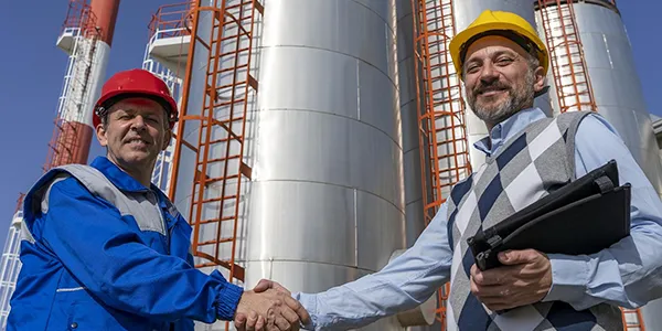 Two people smiling and shaking hands in front of industrial equipment