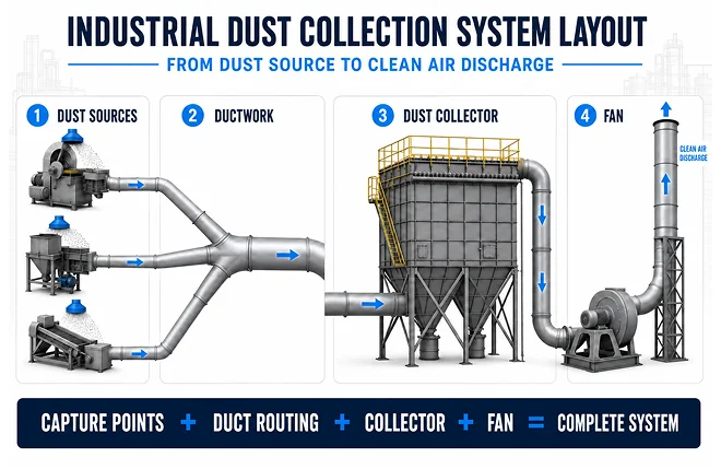 Flow diagram of an industrial dust collection system from dust source capture to clean air discharge.