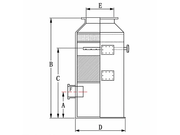 Dimension diagram of the packed bed wet scrubber with labels A to F