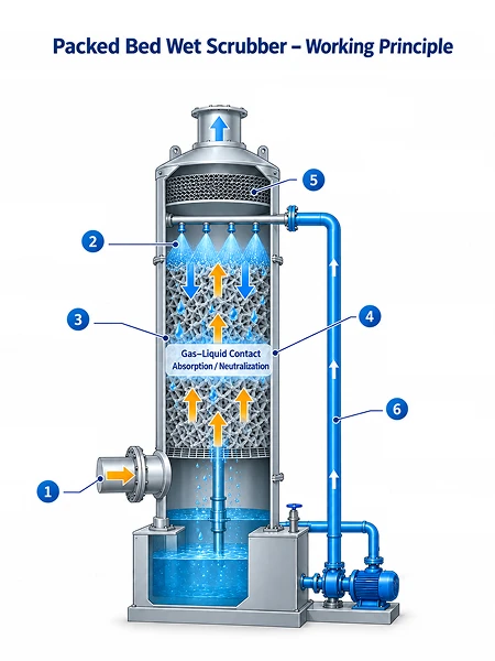 Working principle diagram of the packed bed wet scrubber: counter current gas-liquid contact in the packing layer