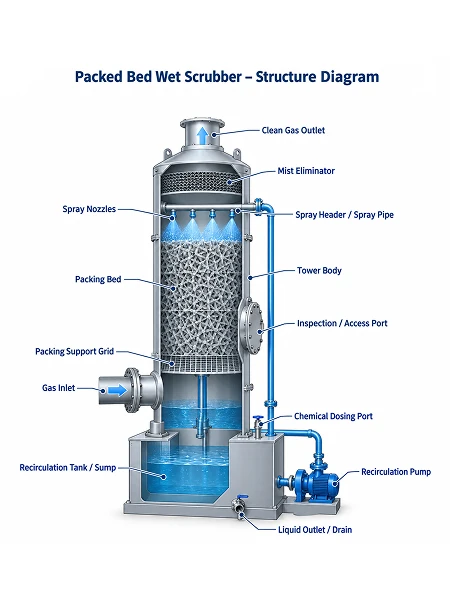 Structure diagram of the packed bed wet scrubber showing its main components
